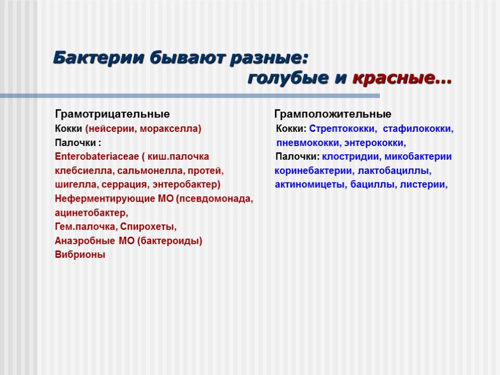 Бактерии бывают разные: голубые и красные… Грамотрицательные Грамположительные Кокки (нейсерии, моракселла) Кокки: Стрептококки, стафилококки,